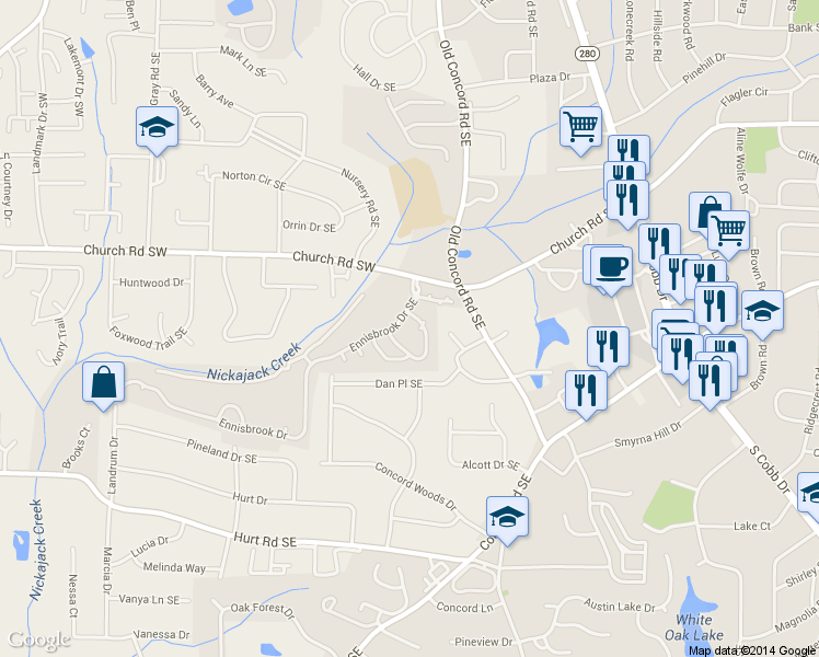 map of restaurants, bars, coffee shops, grocery stores, and more near 291 Trail Pointe SE in Smyrna