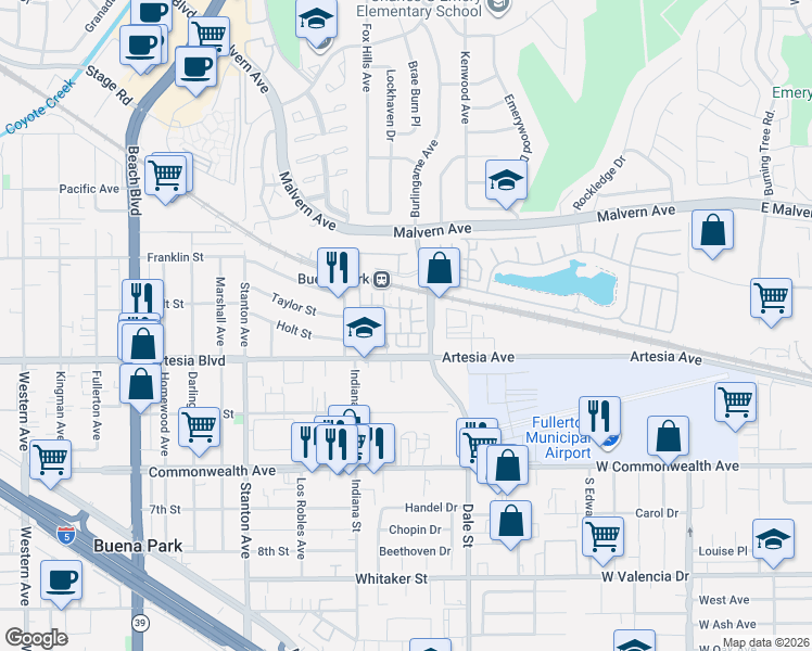 map of restaurants, bars, coffee shops, grocery stores, and more near 87 Bixby Circle in Buena Park