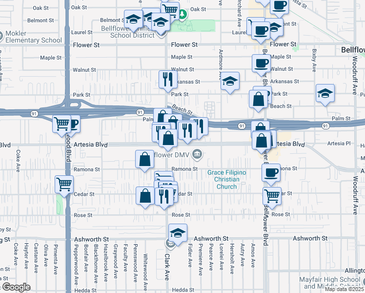 map of restaurants, bars, coffee shops, grocery stores, and more near 9438 Artesia Boulevard in Bellflower