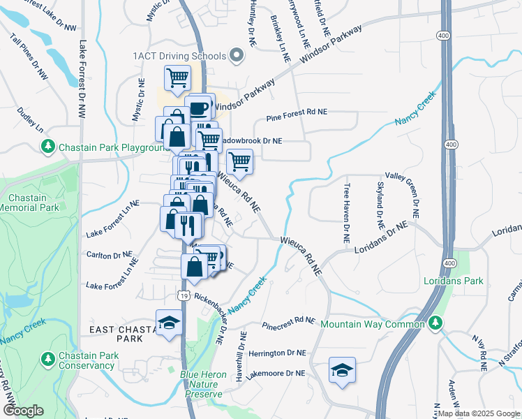 map of restaurants, bars, coffee shops, grocery stores, and more near 340 West Wieuca Road Northeast in Atlanta