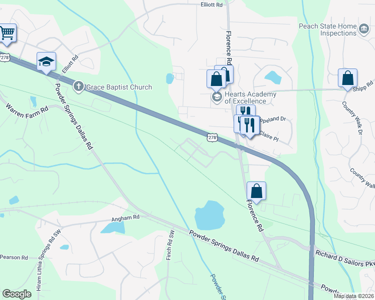 map of restaurants, bars, coffee shops, grocery stores, and more near 3386 Thornbridge Drive in Powder Springs