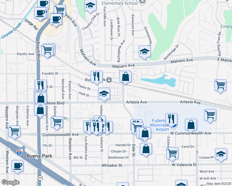 map of restaurants, bars, coffee shops, grocery stores, and more near 85 Koehler Crossing in Buena Park