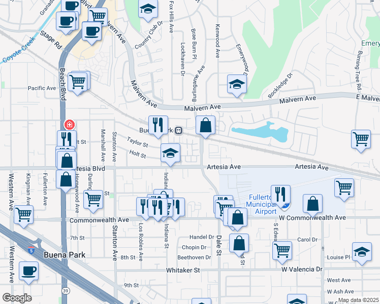 map of restaurants, bars, coffee shops, grocery stores, and more near 11 Travis Road in Buena Park