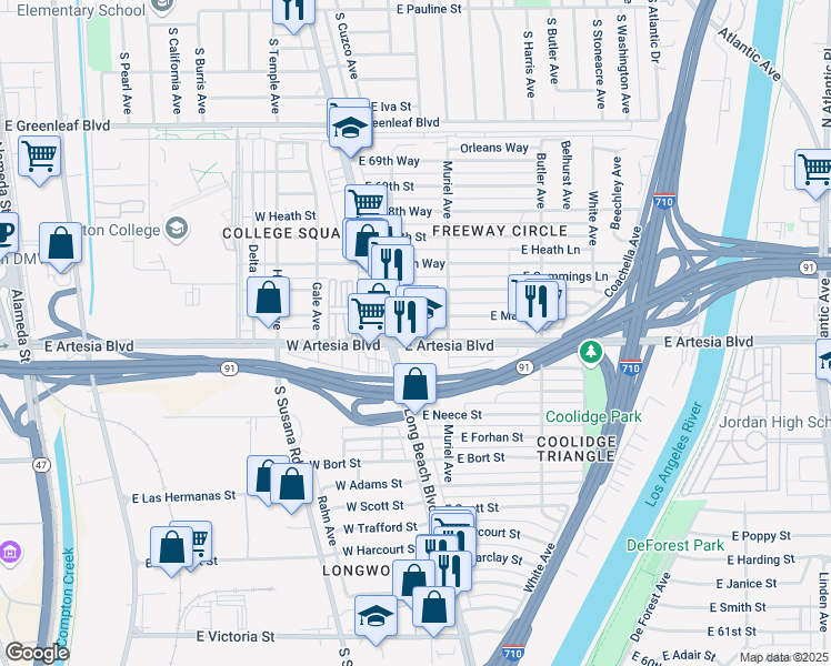 map of restaurants, bars, coffee shops, grocery stores, and more near 145 East Artesia Boulevard in Long Beach