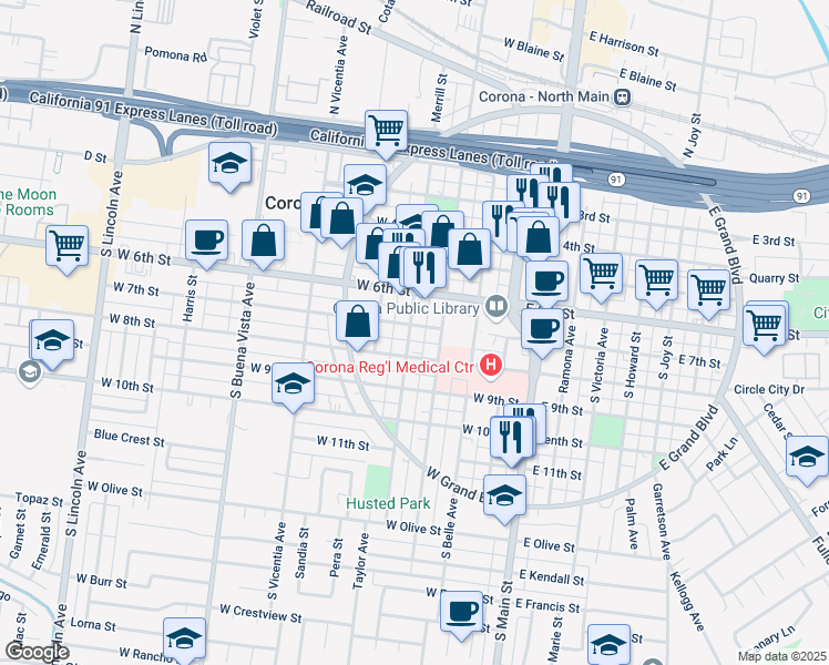 map of restaurants, bars, coffee shops, grocery stores, and more near 424 West 7th Street in Corona
