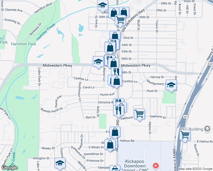 map of restaurants, bars, coffee shops, grocery stores, and more near 1508 Carol Lane in Wichita Falls