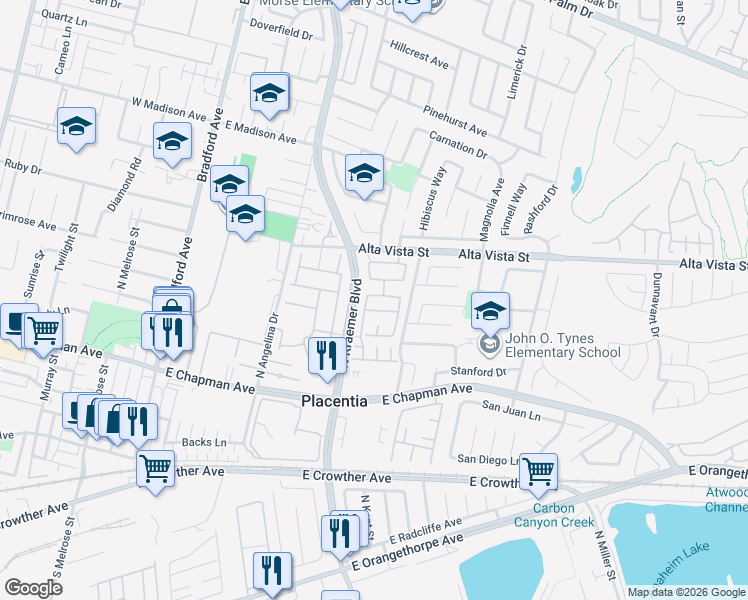 map of restaurants, bars, coffee shops, grocery stores, and more near 406 Esther Place in Placentia
