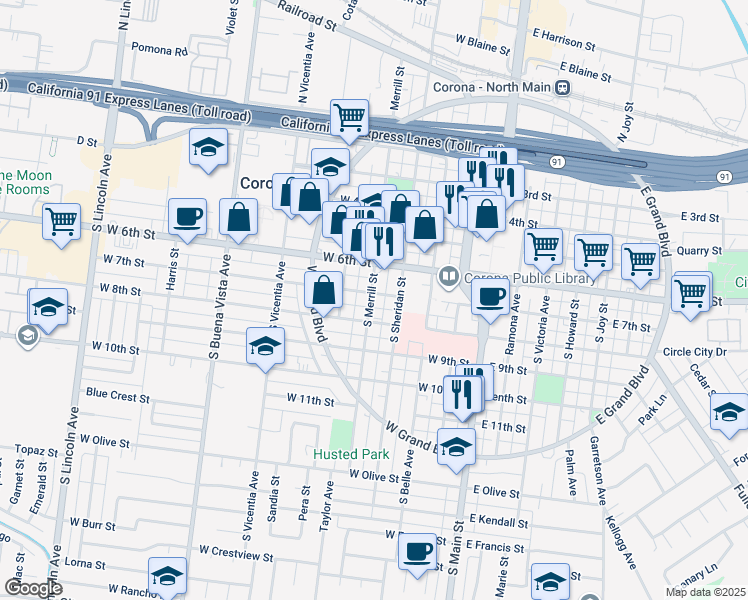 map of restaurants, bars, coffee shops, grocery stores, and more near 424 West 7th Street in Corona