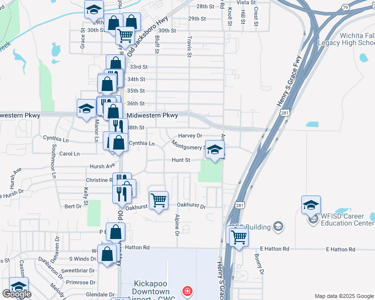 map of restaurants, bars, coffee shops, grocery stores, and more near 1301 Montgomery Street in Wichita Falls