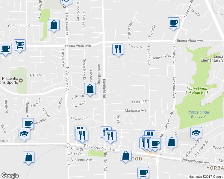 map of restaurants, bars, coffee shops, grocery stores, and more near 5971 Trail View Place in Yorba Linda
