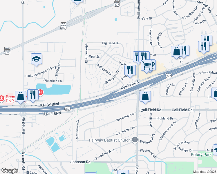 map of restaurants, bars, coffee shops, grocery stores, and more near 4812 Belair Boulevard in Wichita Falls