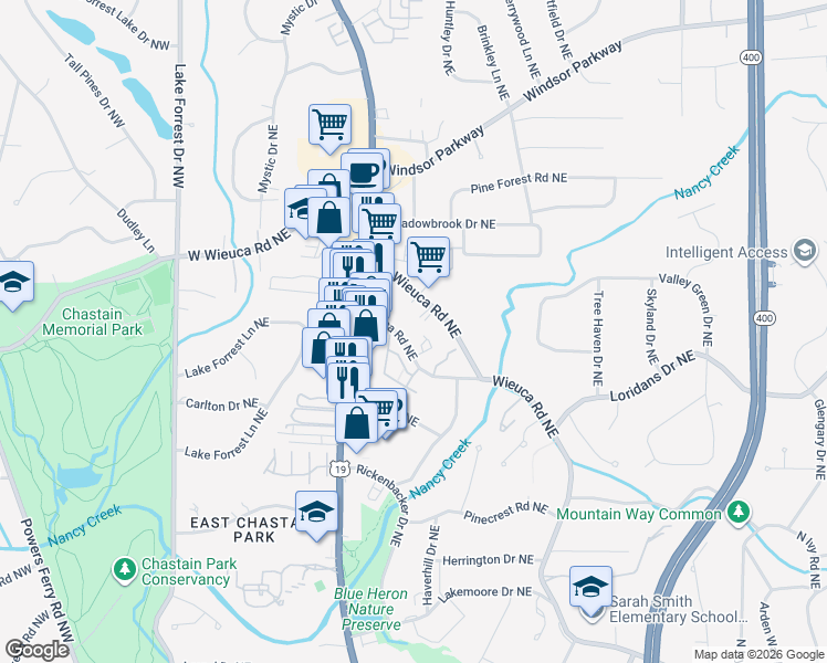 map of restaurants, bars, coffee shops, grocery stores, and more near 4575 West Wieuca Road Northeast in Atlanta
