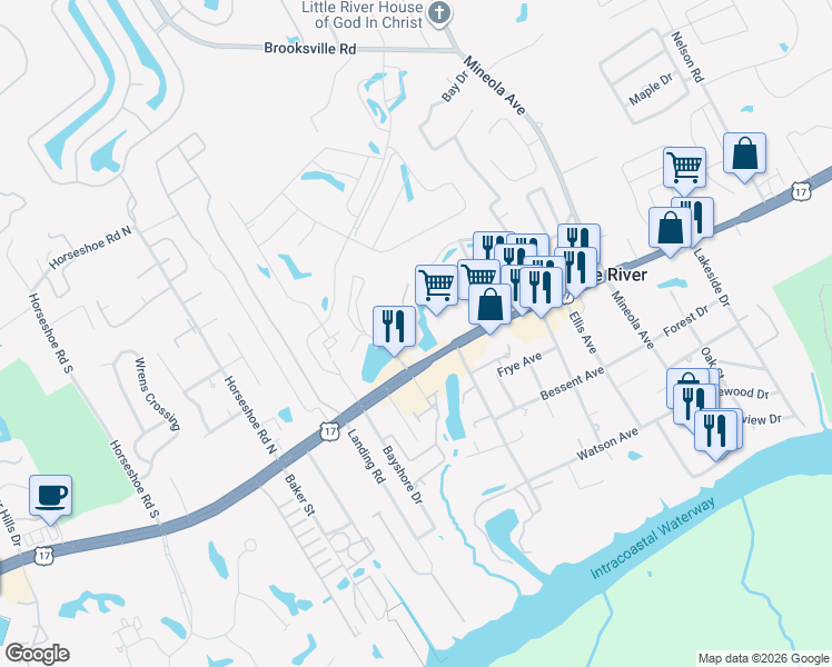 map of restaurants, bars, coffee shops, grocery stores, and more near 4102 Pinehurst Circle in Little River