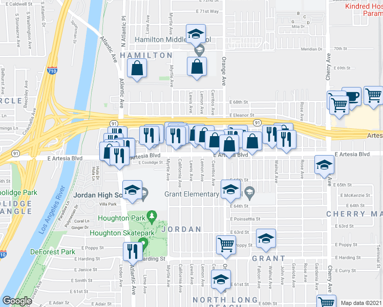 map of restaurants, bars, coffee shops, grocery stores, and more near East Artesia Boulevard & North Lewis Avenue in Long Beach