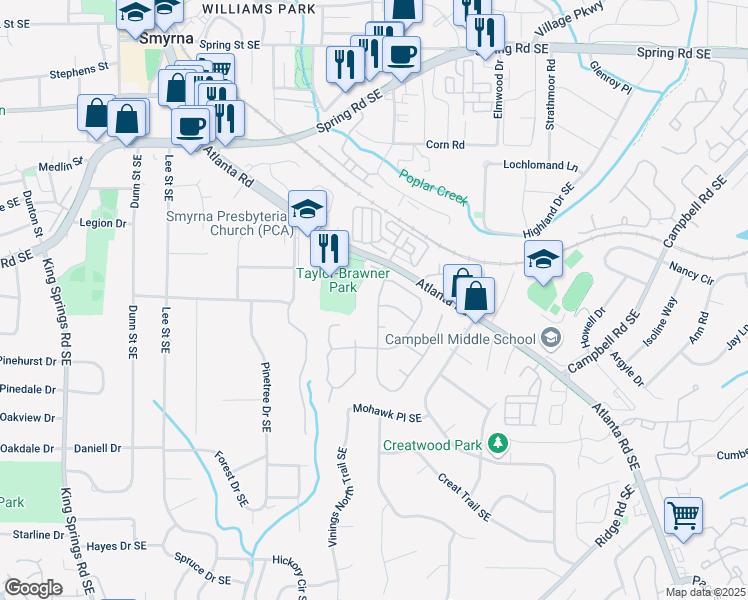 map of restaurants, bars, coffee shops, grocery stores, and more near 3214 Millwood Trail Southeast in Smyrna