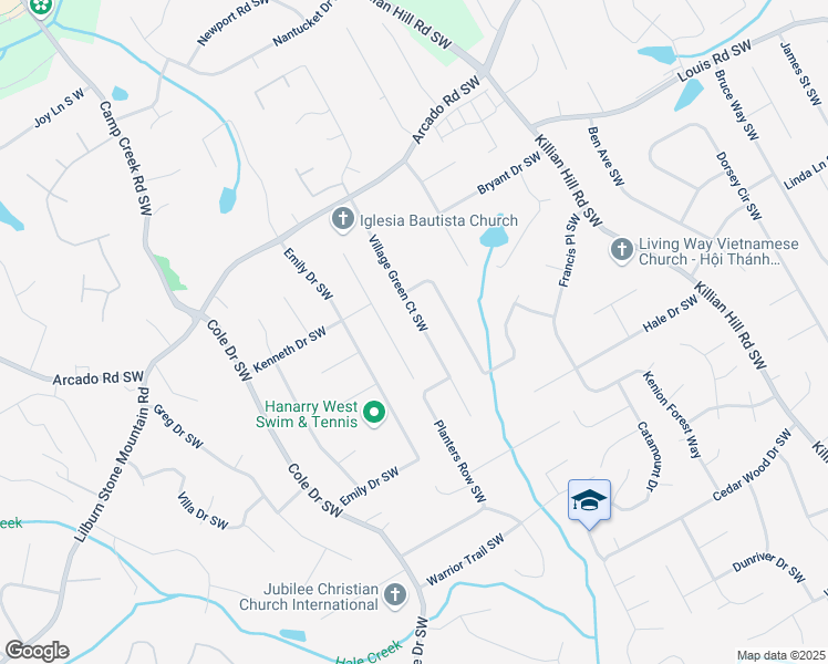 map of restaurants, bars, coffee shops, grocery stores, and more near 461 Village Green Court Southwest in Lilburn