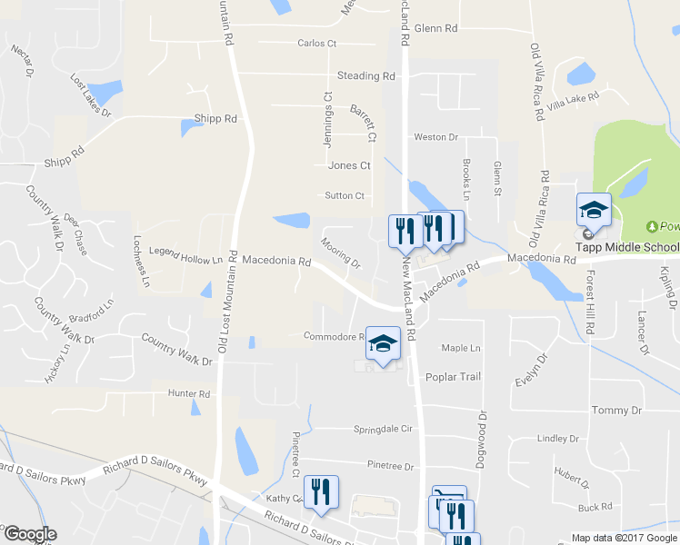 map of restaurants, bars, coffee shops, grocery stores, and more near 4300 Macedonia Road in Powder Springs