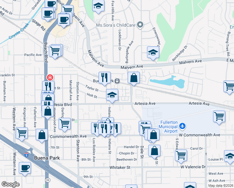 map of restaurants, bars, coffee shops, grocery stores, and more near 40 Cordelia Court in Buena Park