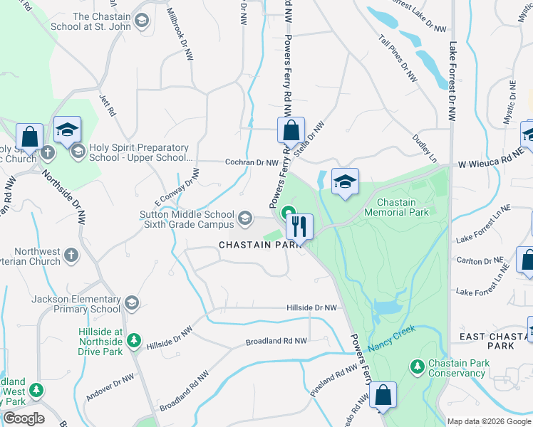 map of restaurants, bars, coffee shops, grocery stores, and more near 4339 Jett Road in Atlanta