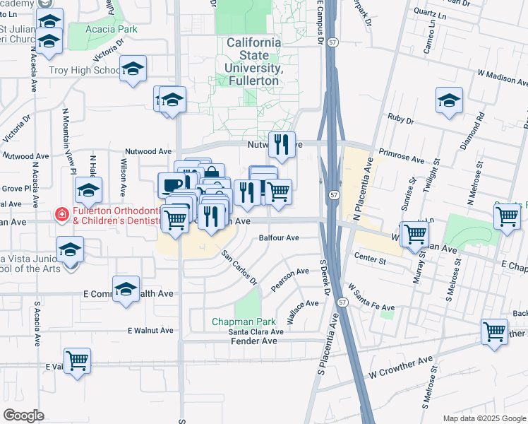 map of restaurants, bars, coffee shops, grocery stores, and more near 2585 East Chapman Avenue in Fullerton