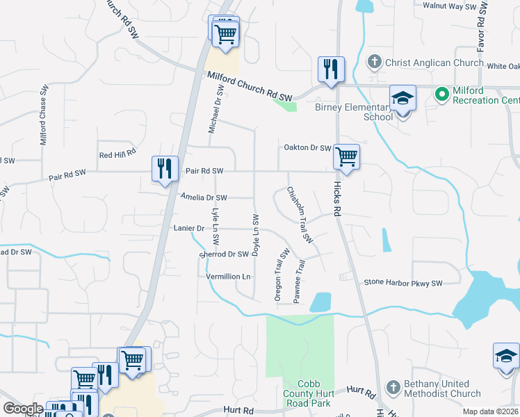 map of restaurants, bars, coffee shops, grocery stores, and more near 3231 Doyle Lane Southwest in Marietta