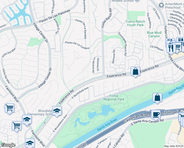 map of restaurants, bars, coffee shops, grocery stores, and more near 6191 Jacaranda Lane in Yorba Linda