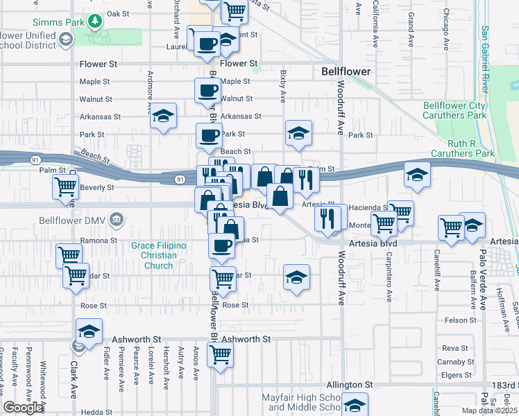 map of restaurants, bars, coffee shops, grocery stores, and more near 9916 Artesia Boulevard in Bellflower