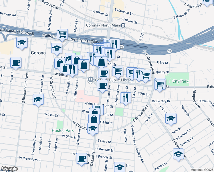 map of restaurants, bars, coffee shops, grocery stores, and more near 707 South Main Street in Corona