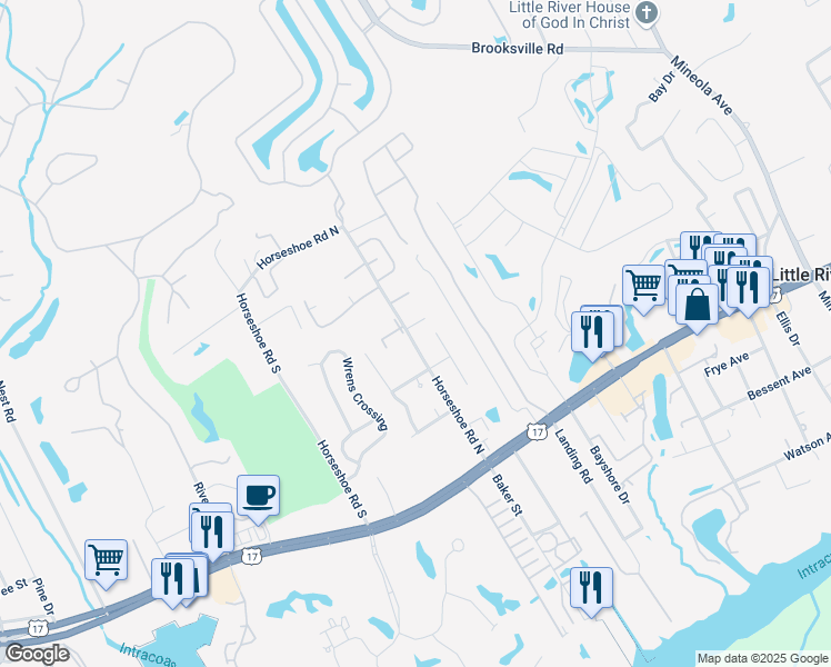 map of restaurants, bars, coffee shops, grocery stores, and more near 4143 Horseshoe Road North in Little River