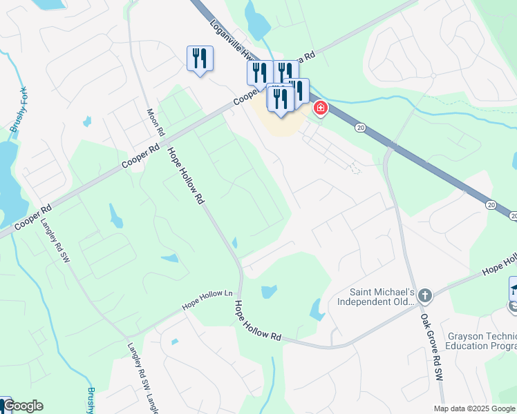 map of restaurants, bars, coffee shops, grocery stores, and more near 555 Hope Hollow Road in Loganville