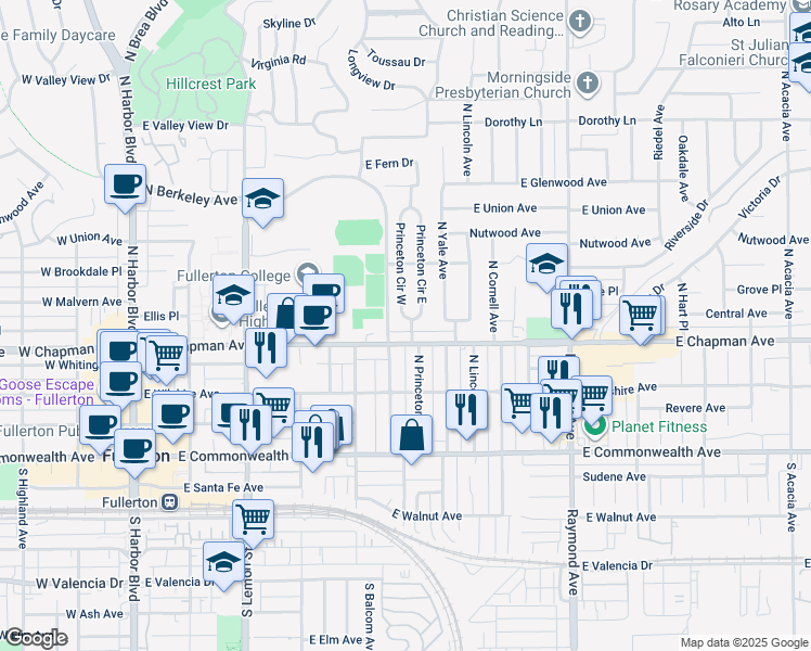 map of restaurants, bars, coffee shops, grocery stores, and more near 501 Princeton Circle West in Fullerton
