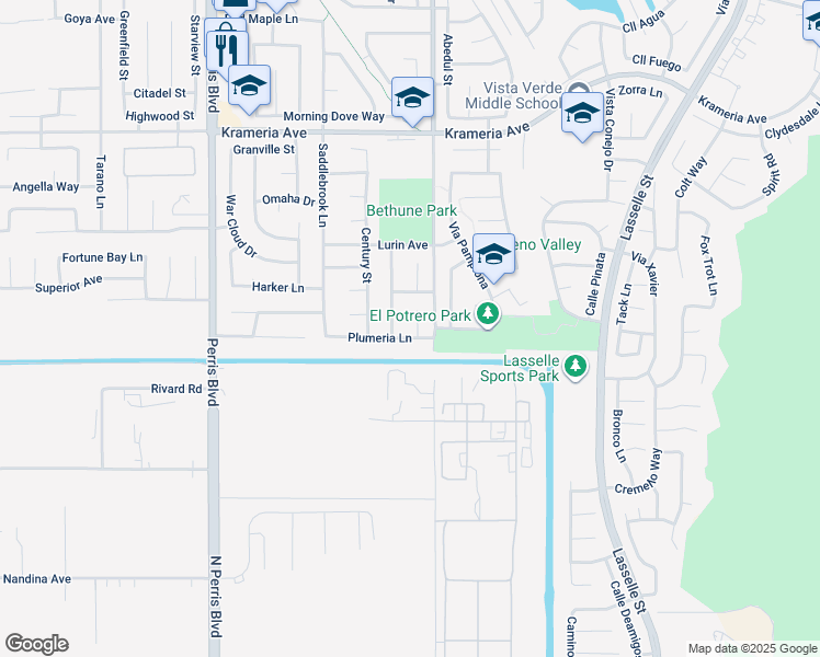map of restaurants, bars, coffee shops, grocery stores, and more near 16935 Maile Lane in Moreno Valley