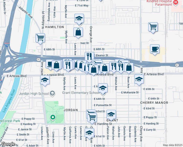 map of restaurants, bars, coffee shops, grocery stores, and more near Orange Avenue & East Artesia Boulevard in Long Beach