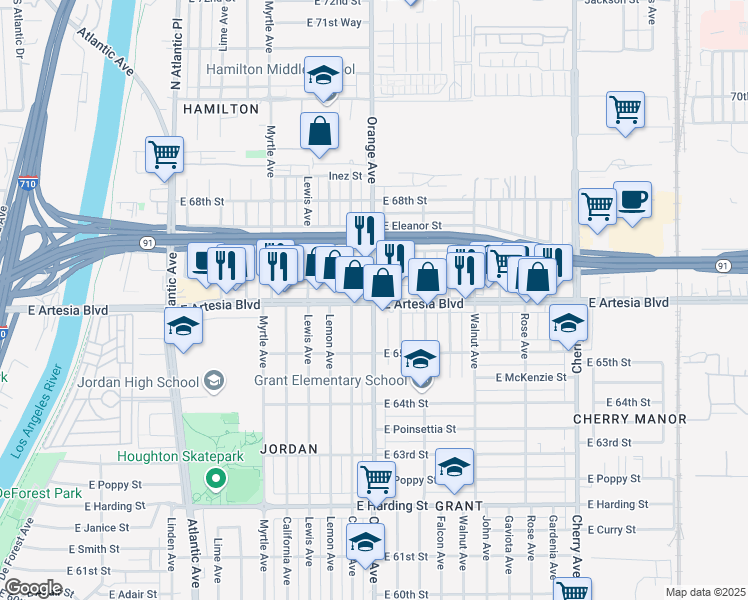 map of restaurants, bars, coffee shops, grocery stores, and more near Orange Avenue & East Artesia Boulevard in Long Beach