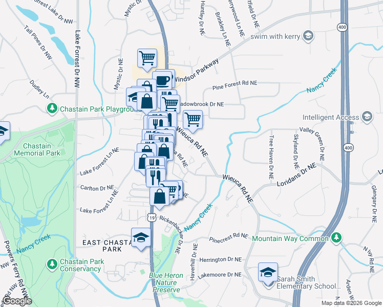 map of restaurants, bars, coffee shops, grocery stores, and more near 4575 West Wieuca Road Northeast in Atlanta