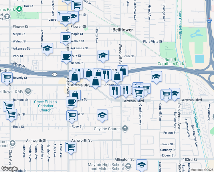 map of restaurants, bars, coffee shops, grocery stores, and more near 10040 Artesia Place in Bellflower
