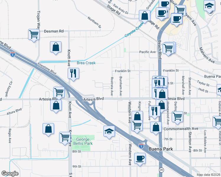 map of restaurants, bars, coffee shops, grocery stores, and more near 5861 Rostrata Avenue in Buena Park