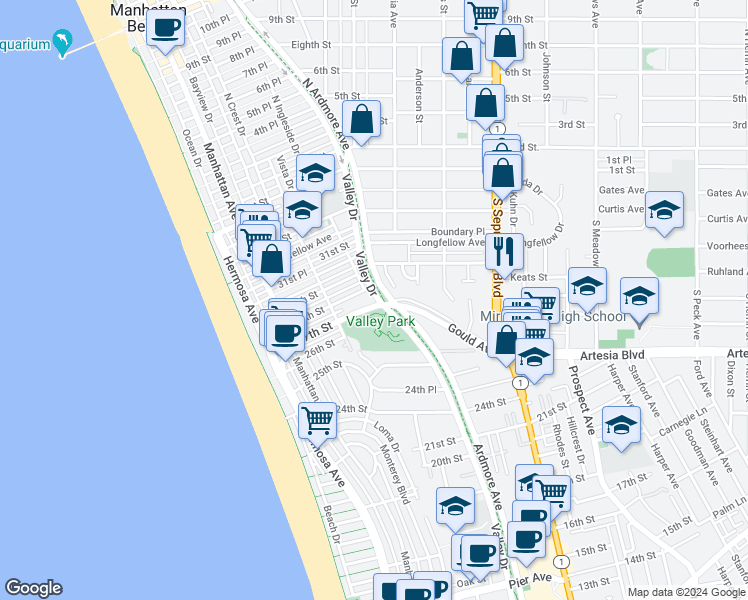 map of restaurants, bars, coffee shops, grocery stores, and more near 505 Gould Avenue in Hermosa Beach