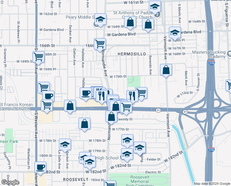 map of restaurants, bars, coffee shops, grocery stores, and more near 17119 Steven Street in Gardena