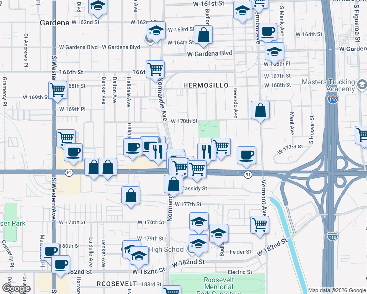 map of restaurants, bars, coffee shops, grocery stores, and more near 17124 Steven Street in Gardena