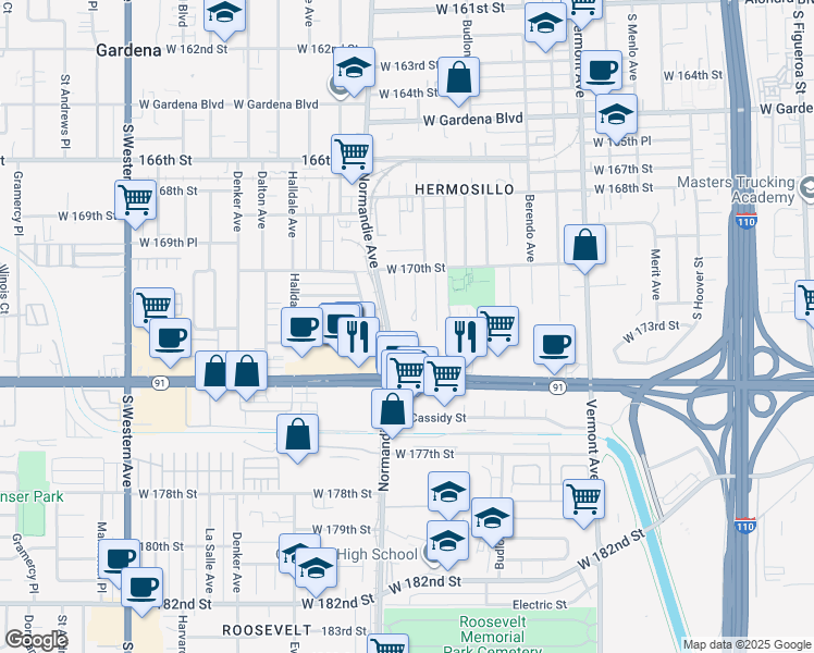 map of restaurants, bars, coffee shops, grocery stores, and more near 17119 Steven Street in Gardena