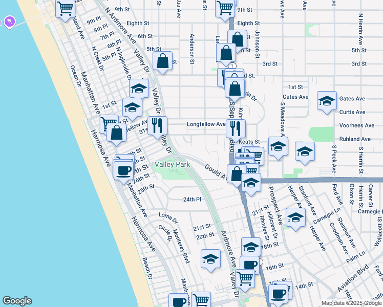 map of restaurants, bars, coffee shops, grocery stores, and more near 615 Gould Terrace in Hermosa Beach