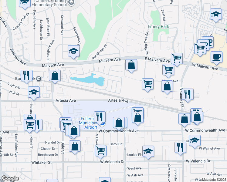 map of restaurants, bars, coffee shops, grocery stores, and more near 9 Seacrest Drive in Buena Park