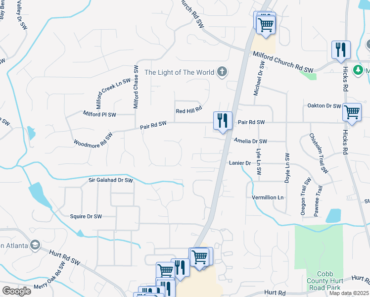 map of restaurants, bars, coffee shops, grocery stores, and more near 1951 Hidden Valley Drive Southwest in Marietta