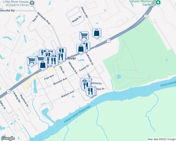 map of restaurants, bars, coffee shops, grocery stores, and more near 4361 Oak Street in Little River