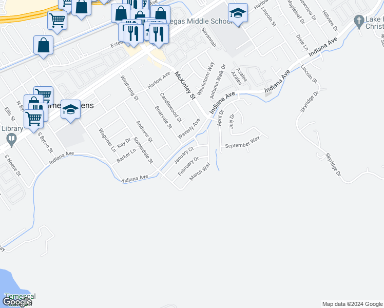 map of restaurants, bars, coffee shops, grocery stores, and more near 13218 January Court in Corona