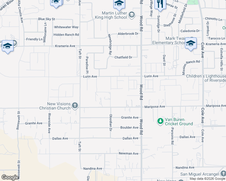 map of restaurants, bars, coffee shops, grocery stores, and more near 16875 Obsidian Drive in Riverside