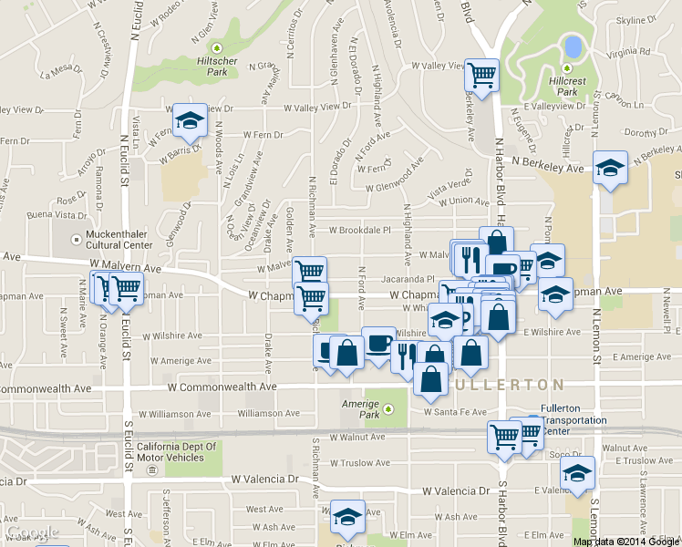 map of restaurants, bars, coffee shops, grocery stores, and more near 413 Jacaranda Place in Fullerton