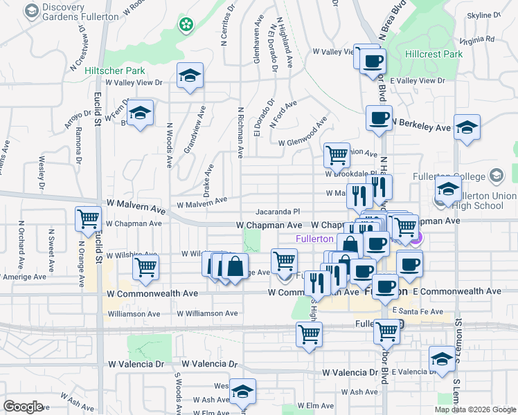 map of restaurants, bars, coffee shops, grocery stores, and more near 415 Jacaranda Place in Fullerton