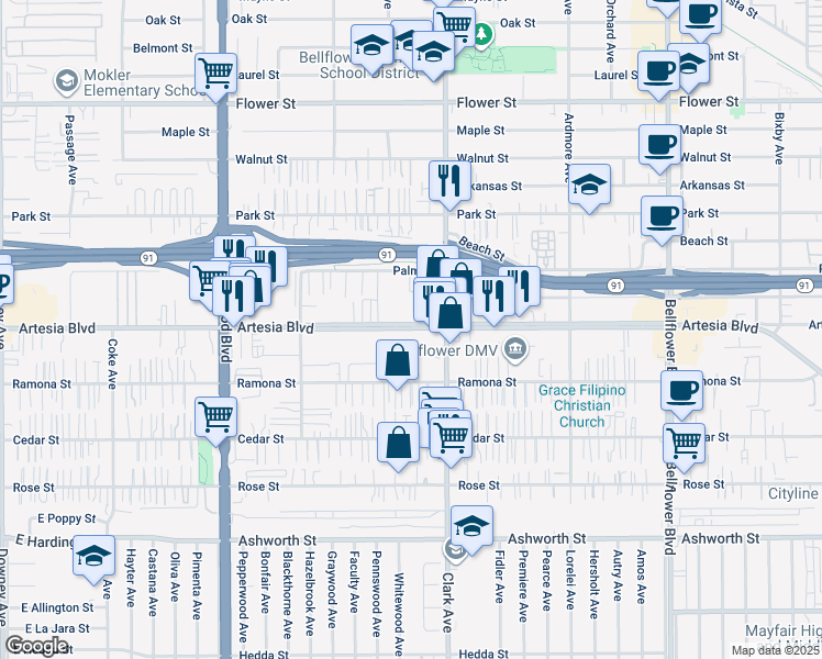 map of restaurants, bars, coffee shops, grocery stores, and more near 9316 Artesia Boulevard in Bellflower